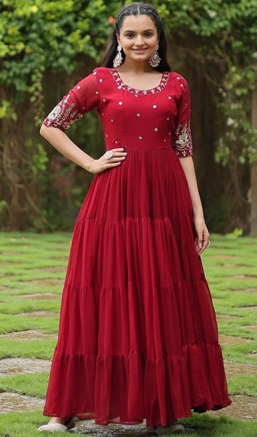 Striking Maroon Color Blooming Fabric Gown