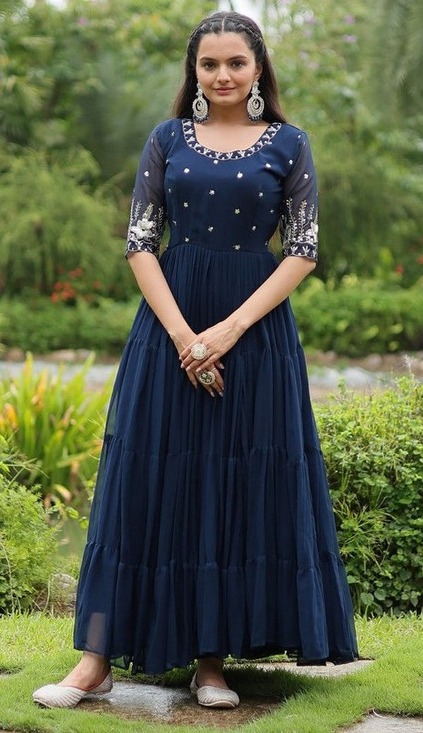 Striking Navy Blue Color Blooming Fabric Gown