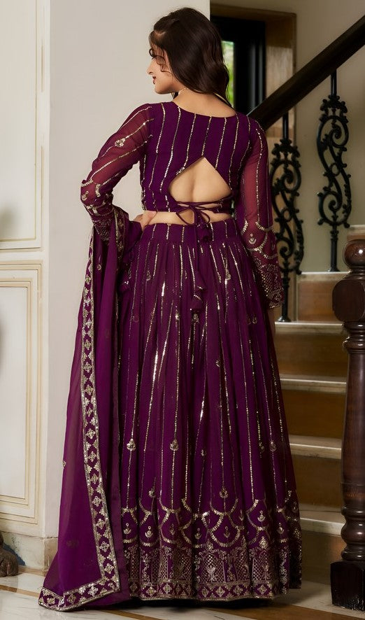 Beautiful Wine  Color Georgette Fabric Party Wear Lehenga