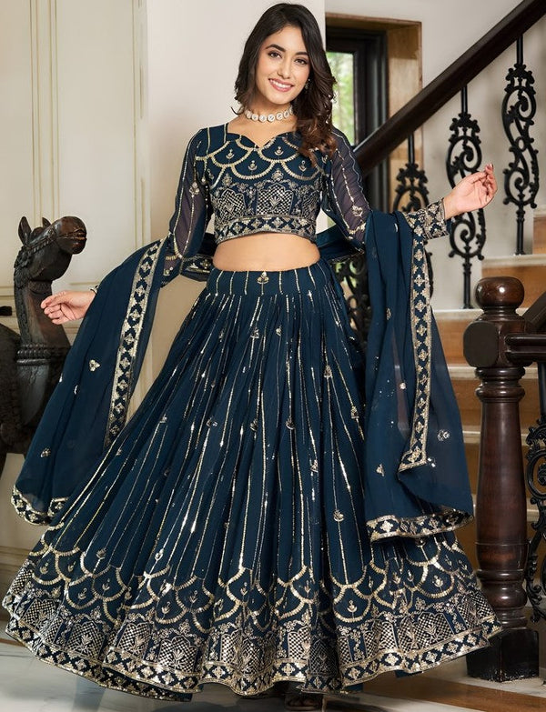 Beautiful Teal Color Georgette Fabric Party Wear Lehenga