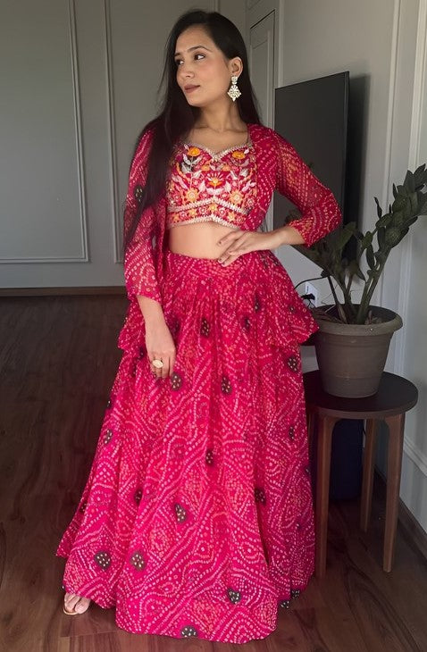 Beautiful Pink Color Bandhej Fabric Party Wear Lehenga