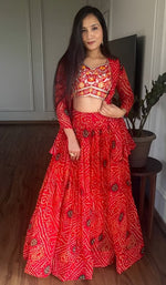 Beautiful Red Color Bandhej Fabric Party Wear Lehenga