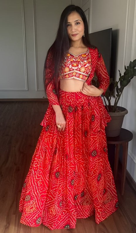 Beautiful Red Color Bandhej Fabric Party Wear Lehenga