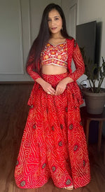 Beautiful Red Color Bandhej Fabric Party Wear Lehenga