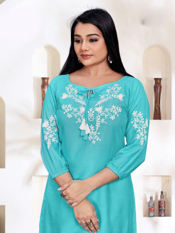 Pretty Turquoise Color Rayon Fabric Designer Kurti