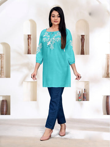 Pretty Turquoise Color Rayon Fabric Designer Kurti