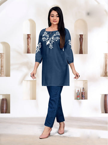 Pretty Navy Blue Color Rayon Fabric Designer Kurti