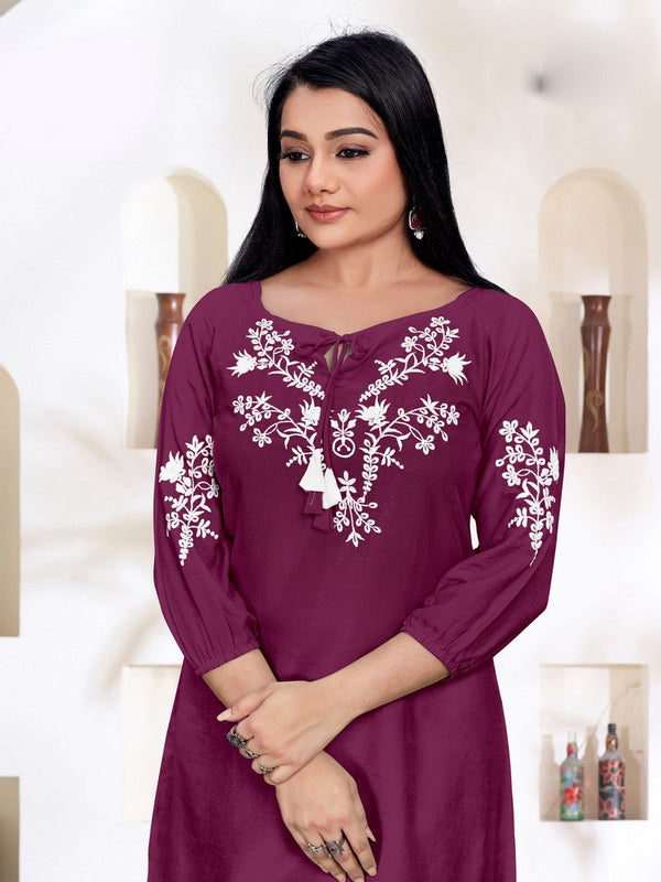 Pretty Wine Color Rayon Fabric Designer Kurti