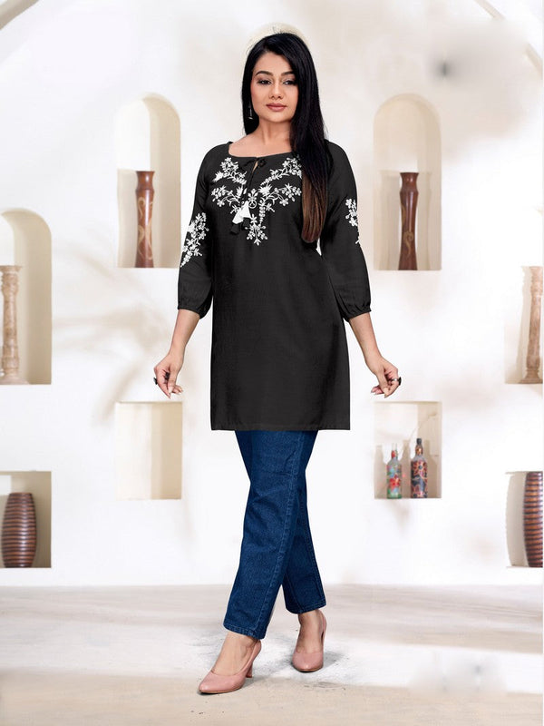 Pretty Black Color Rayon Fabric Designer Kurti