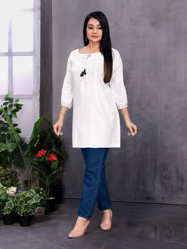 Pretty White Color Rayon Fabric Designer Kurti