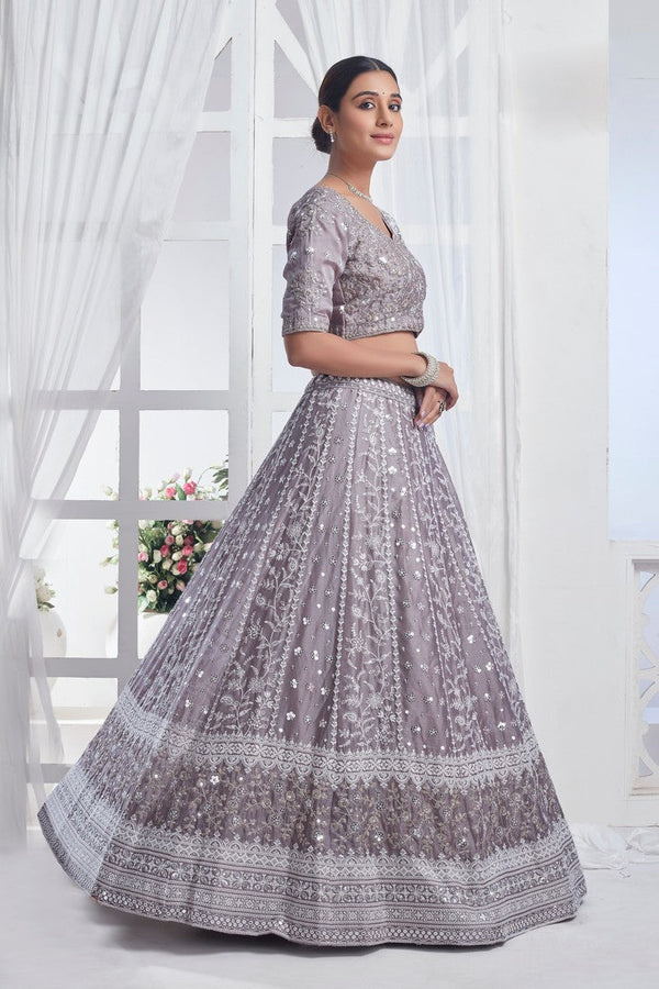 Lovely Grey Color Chiffon Fabric Party Wear Lehenga