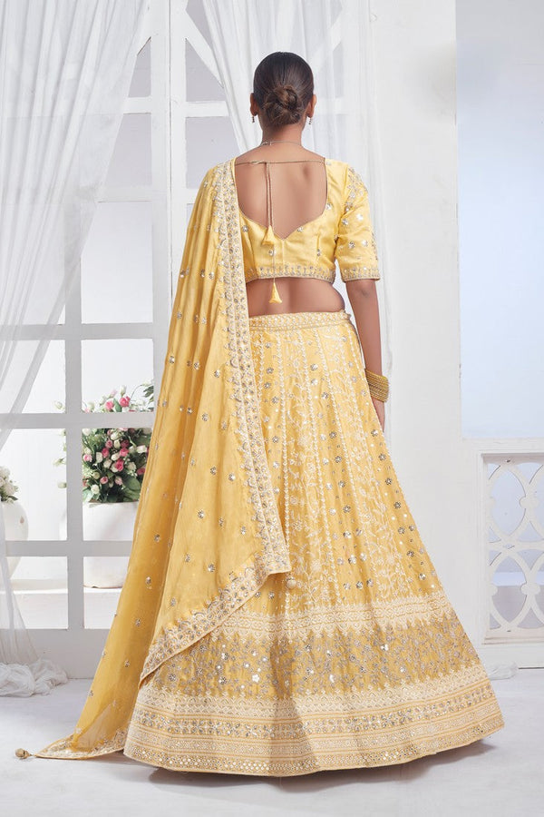 Lovely Yellow Color Chiffon Fabric Party Wear Lehenga