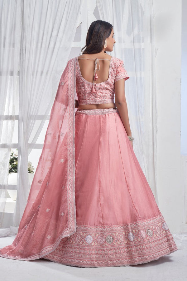 Lovely Pink Color Organza Fabric Party Wear Lehenga