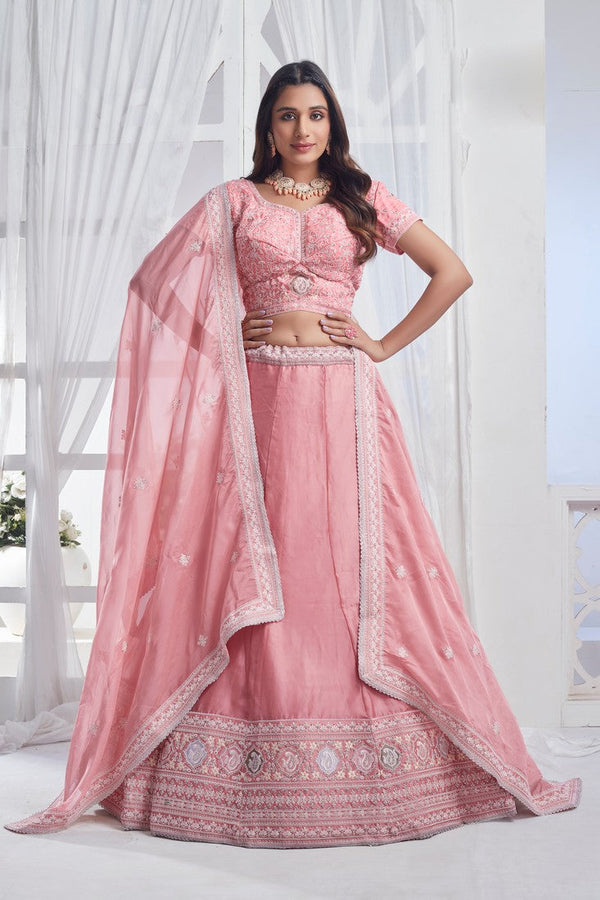 Lovely Pink Color Organza Fabric Party Wear Lehenga