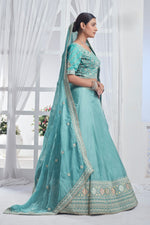 Lovely Aqua Color Organza Fabric Party Wear Lehenga