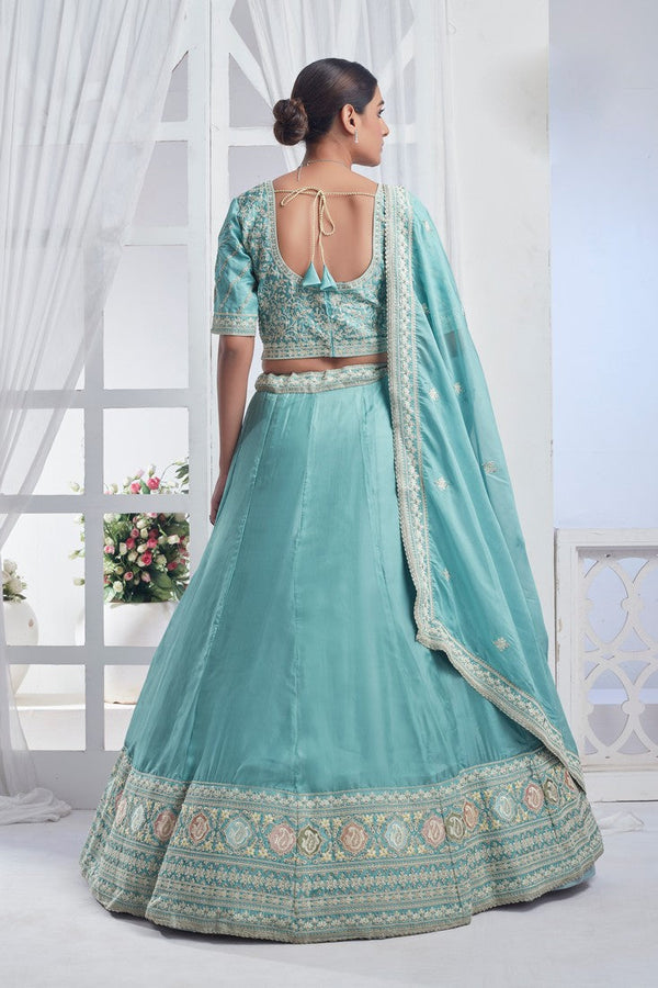 Lovely Aqua Color Organza Fabric Party Wear Lehenga