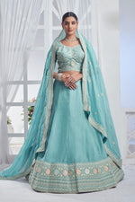 Lovely Aqua Color Organza Fabric Party Wear Lehenga