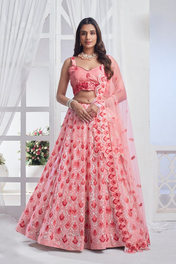 Lovely Peach Color Net Fabric Party Wear Lehenga