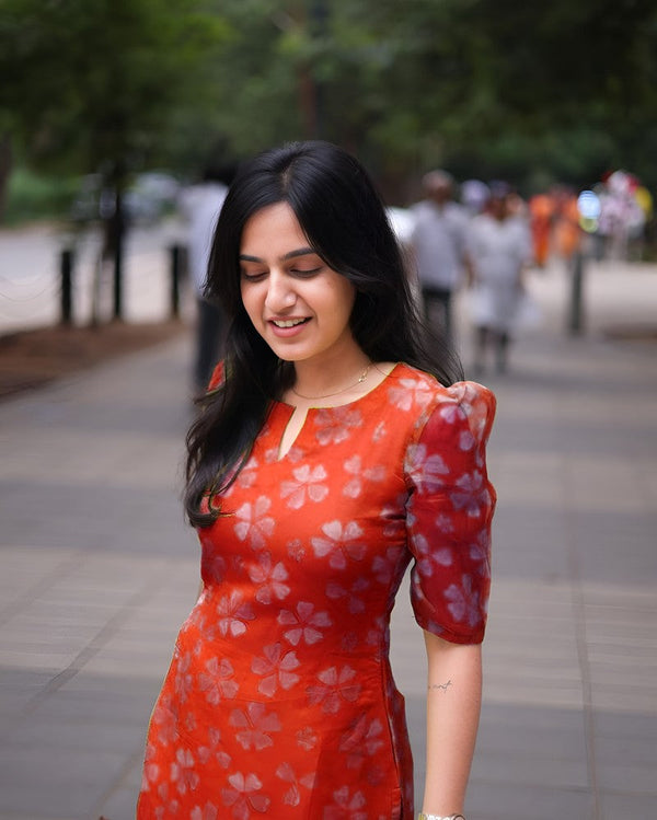 Pretty Orange Color Organza Fabric Designer Kurti