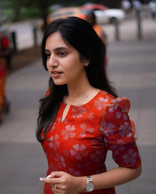 Pretty Orange Color Organza Fabric Designer Kurti