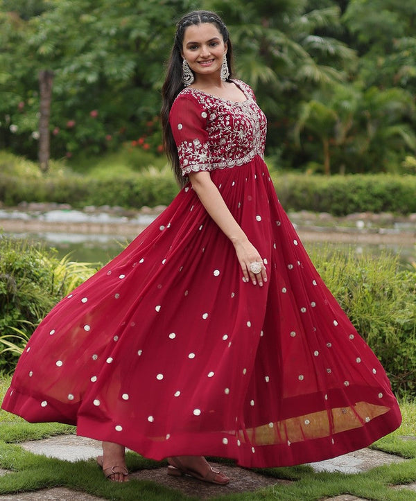 Striking Maroon Color Blooming Fabric Gown