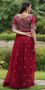 Striking Maroon Color Blooming Fabric Gown