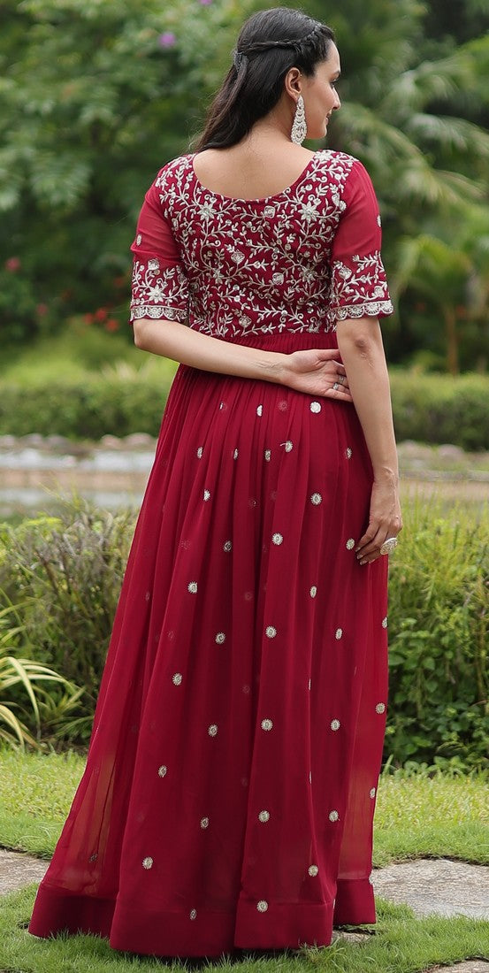 Striking Maroon Color Blooming Fabric Gown