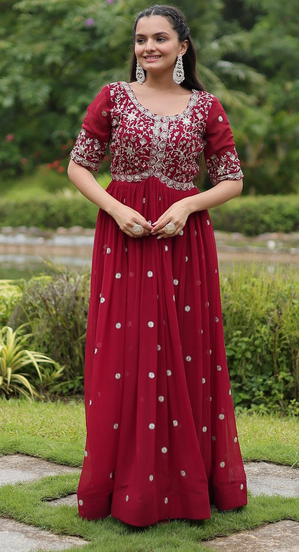 Striking Maroon Color Blooming Fabric Gown