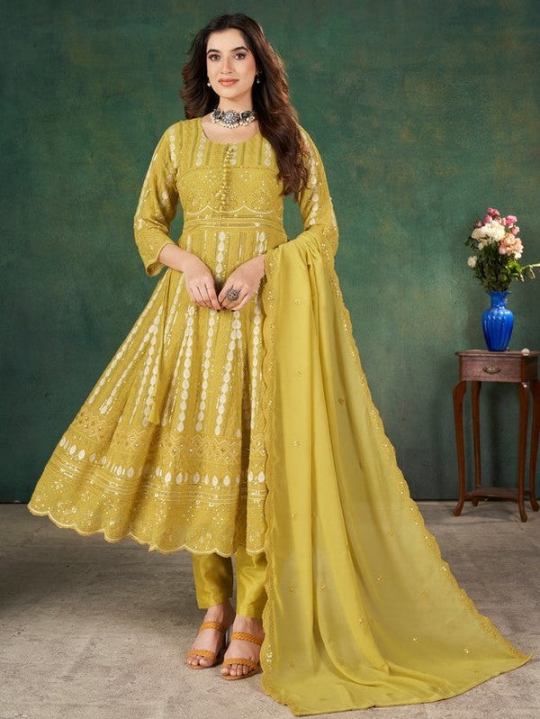 Tasteful Yellow Color Georgette Fabric Partywear Suit