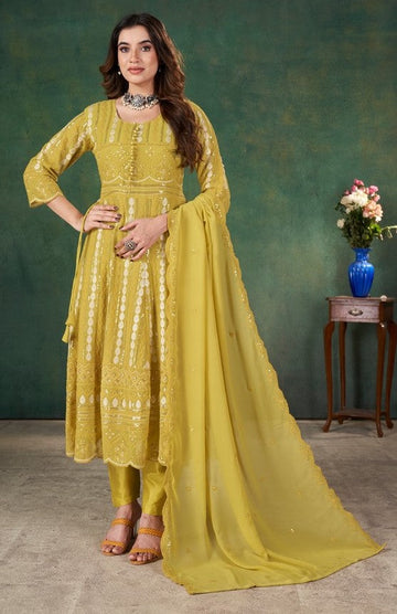 Tasteful Yellow Color Georgette Fabric Partywear Suit