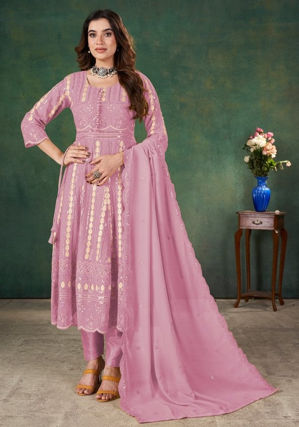 Tasteful Pink Color Georgette Fabric Partywear Suit