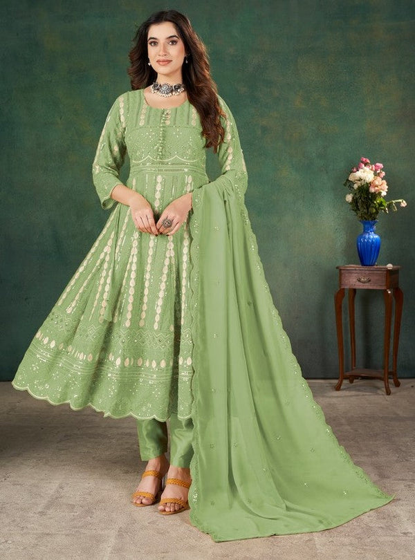 Tasteful Green Color Georgette Fabric Partywear Suit