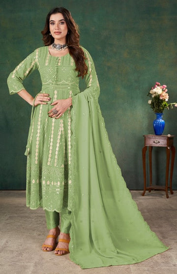 Tasteful Green Color Georgette Fabric Partywear Suit