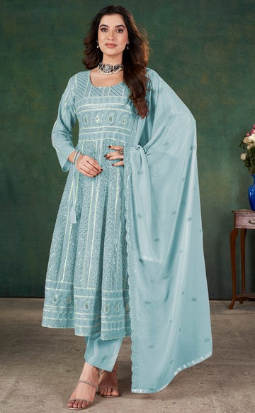 Tasteful Turquoise Color Georgette Fabric Partywear Suit