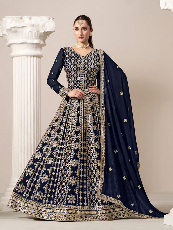 Striking Navy Blue Color Georgette Fabric Gown