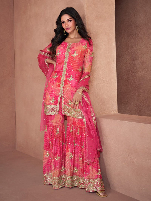 Tasteful Pink Color Georgette Fabric Sharara Suit