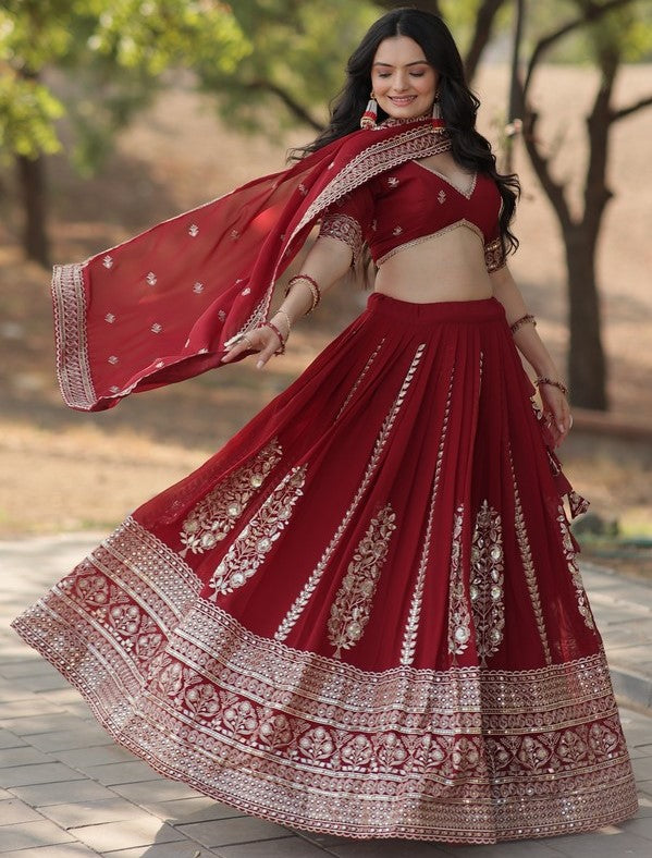 Superb Maroon  Color Georgette Fabric Party Wear Lehenga