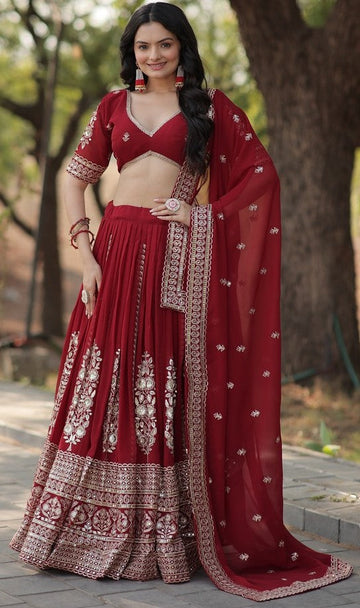 Superb Maroon  Color Georgette Fabric Party Wear Lehenga