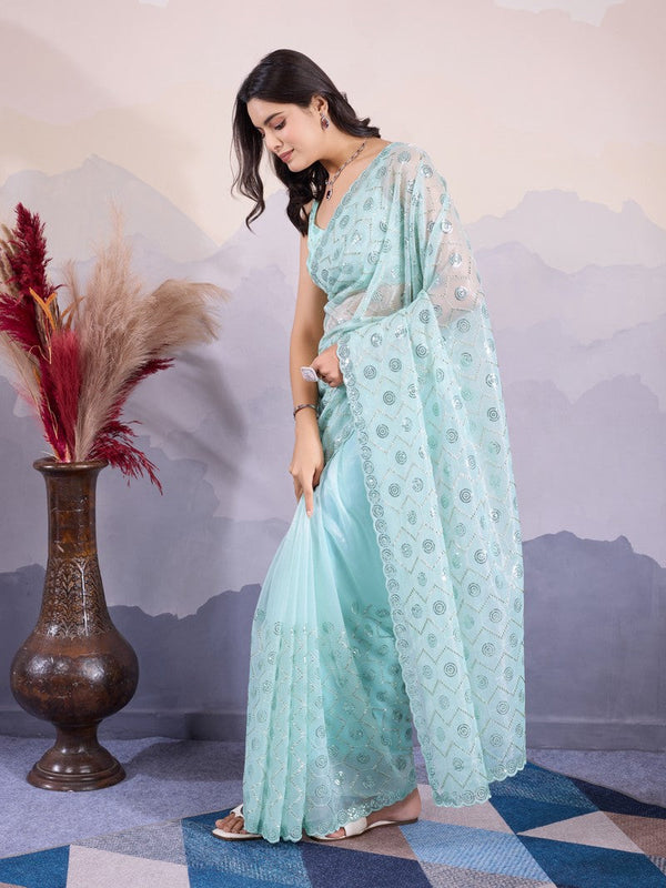 Lovely Aqua Color Net Fabric Partywear Saree