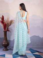 Lovely Aqua Color Net Fabric Partywear Saree