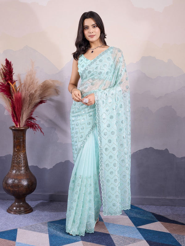 Lovely Aqua Color Net Fabric Partywear Saree