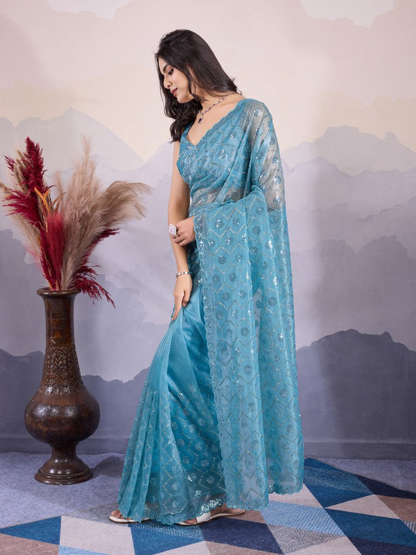 Lovely Turquoise Color Net Fabric Partywear Saree