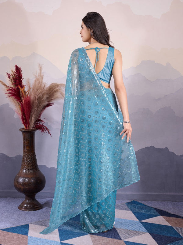 Lovely Turquoise Color Net Fabric Partywear Saree