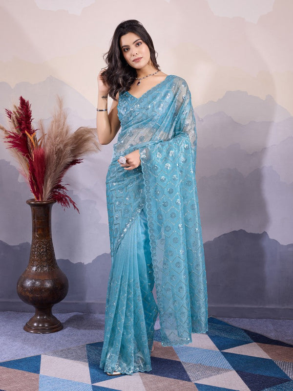 Lovely Turquoise Color Net Fabric Partywear Saree