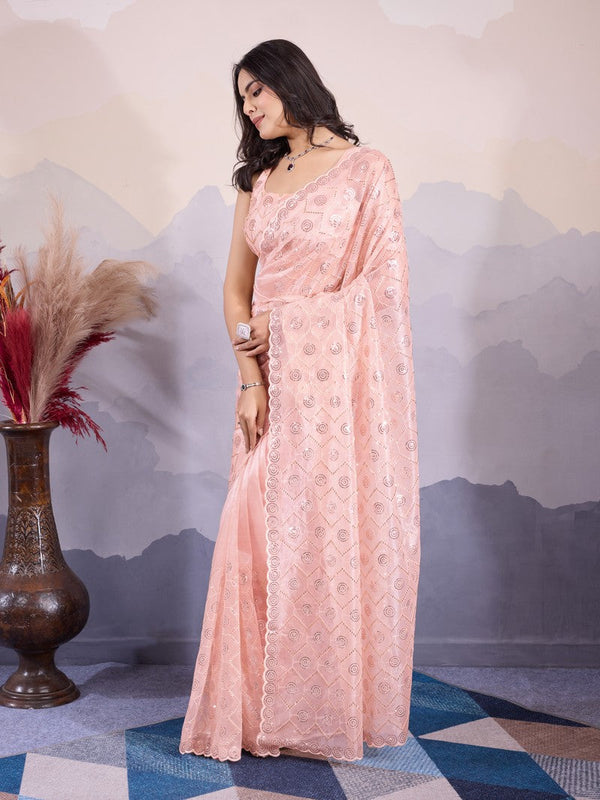 Lovely Peach Color Net Fabric Partywear Saree