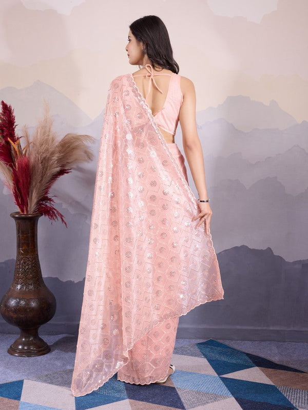 Lovely Peach Color Net Fabric Partywear Saree