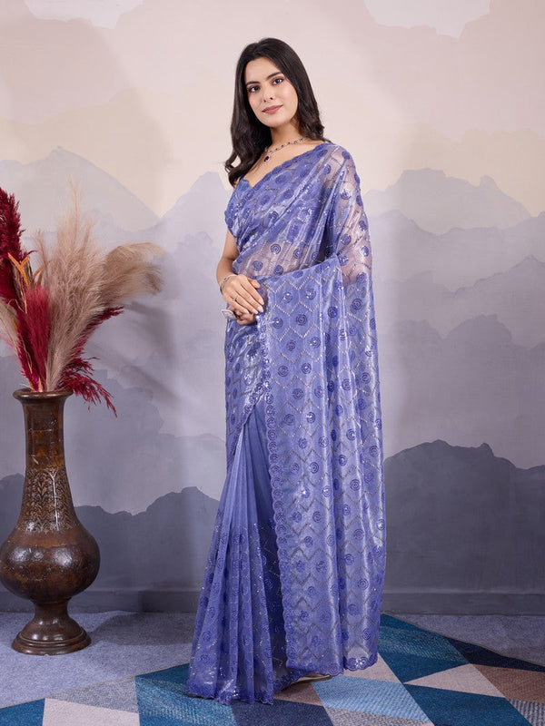 Lovely Blue Color Net Fabric Partywear Saree