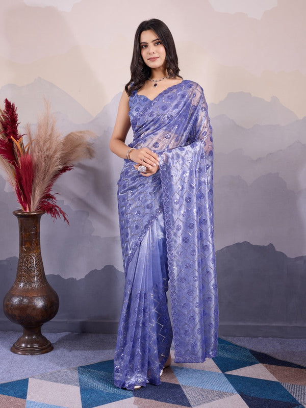 Lovely Blue Color Net Fabric Partywear Saree