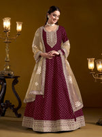 Tasteful Wine Color Chanderi Fabric Gown