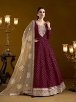 Tasteful Wine Color Chanderi Fabric Gown